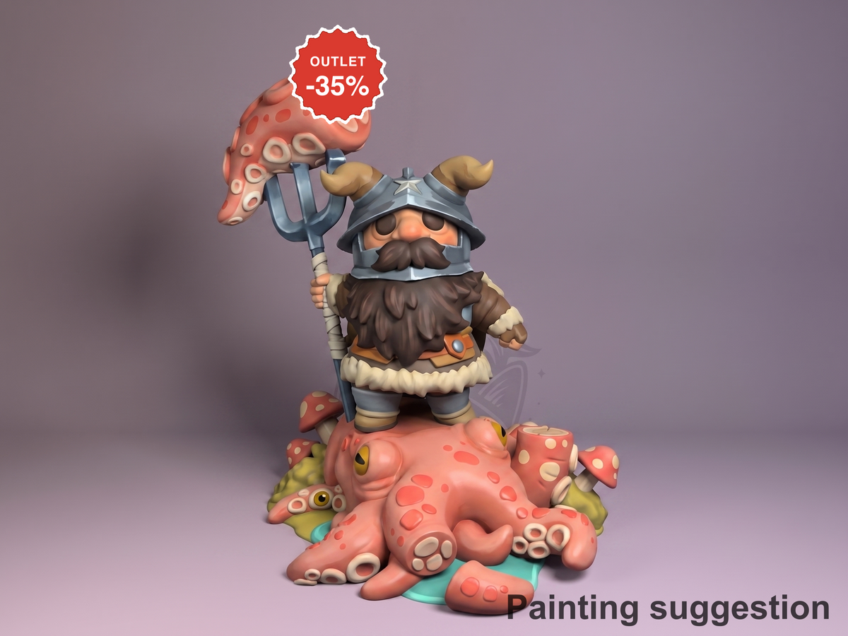Senshi resin Chibi figure from Delicious in Dungeon, fully painted, standing on tentacle base holding cooked octopus, wearing armor and helmet, -35% outlet sale badge.