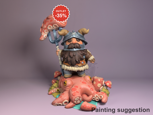 Senshi resin Chibi figure from Delicious in Dungeon, fully painted, standing on tentacle base holding cooked octopus, wearing armor and helmet, -35% outlet sale badge.