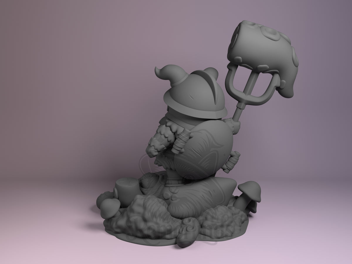 Senshi resin Chibi figure from Delicious in Dungeon, unpainted grey, shown from left angle wielding trident, seated on textured base.