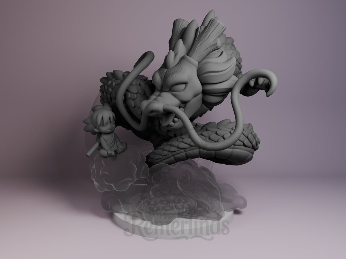Dragon Guardian Dragon Sphere Y 3D printed resin figure by Nomnom, unpainted front view. This 3D printed resin miniature features a detailed dragon guardian coiled in an energetic pose, with a small chibi Goku figure sitting on a cloud beside it. The dragon's intricate scales, whiskers, and flowing mane contrast with the simple chibi design of Goku, creating a dynamic composition that captures a moment of serene interaction between the two characters.