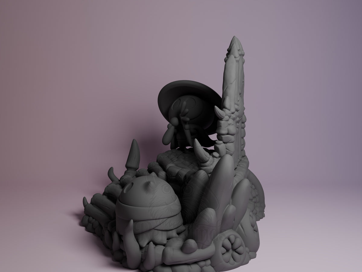 Sherma resin Chibi figure from Hollow Knight, unpainted grey, angled side view showing detailed base with spikes and character seated with hat and sword.
