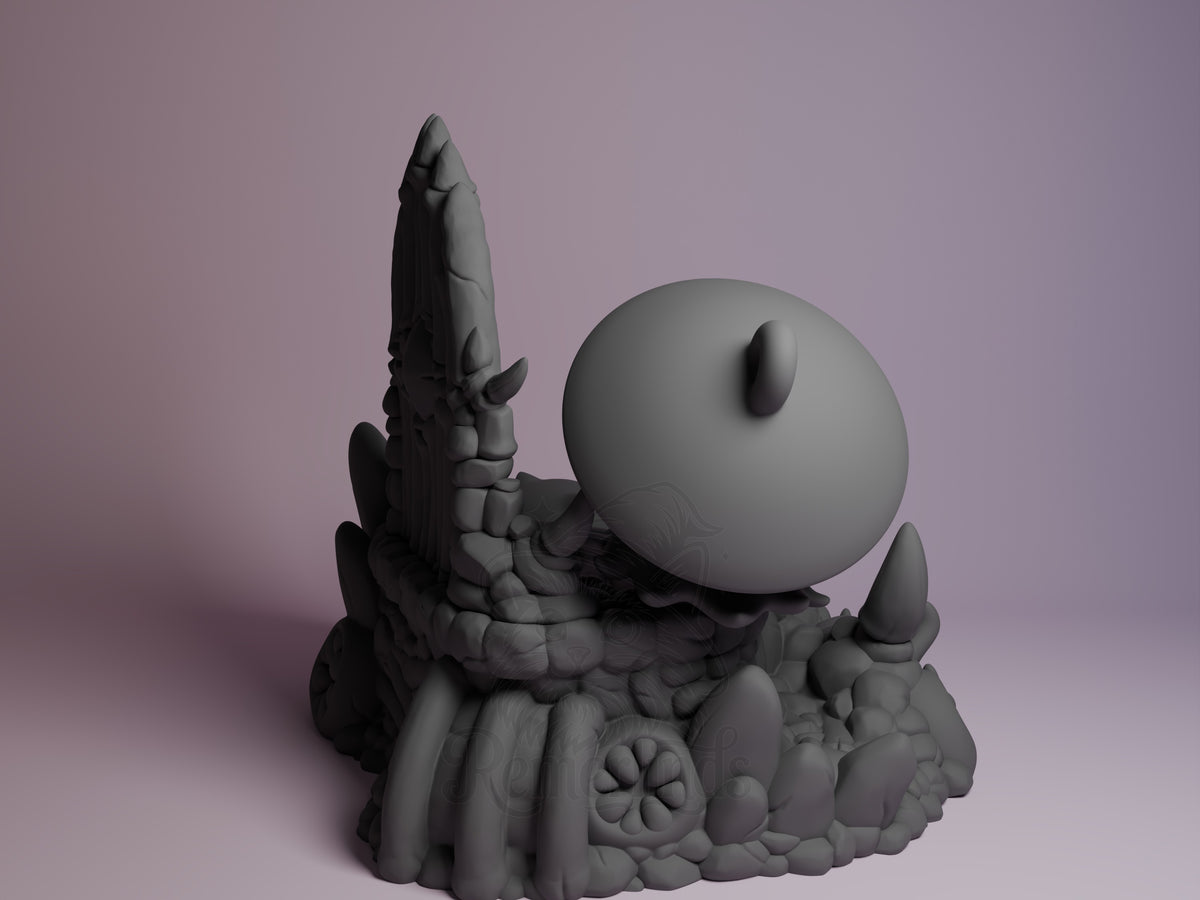 Sherma resin Chibi figure from Hollow Knight shown from back angle, unpainted gray finish, seated on decorative base with spiky protrusions.