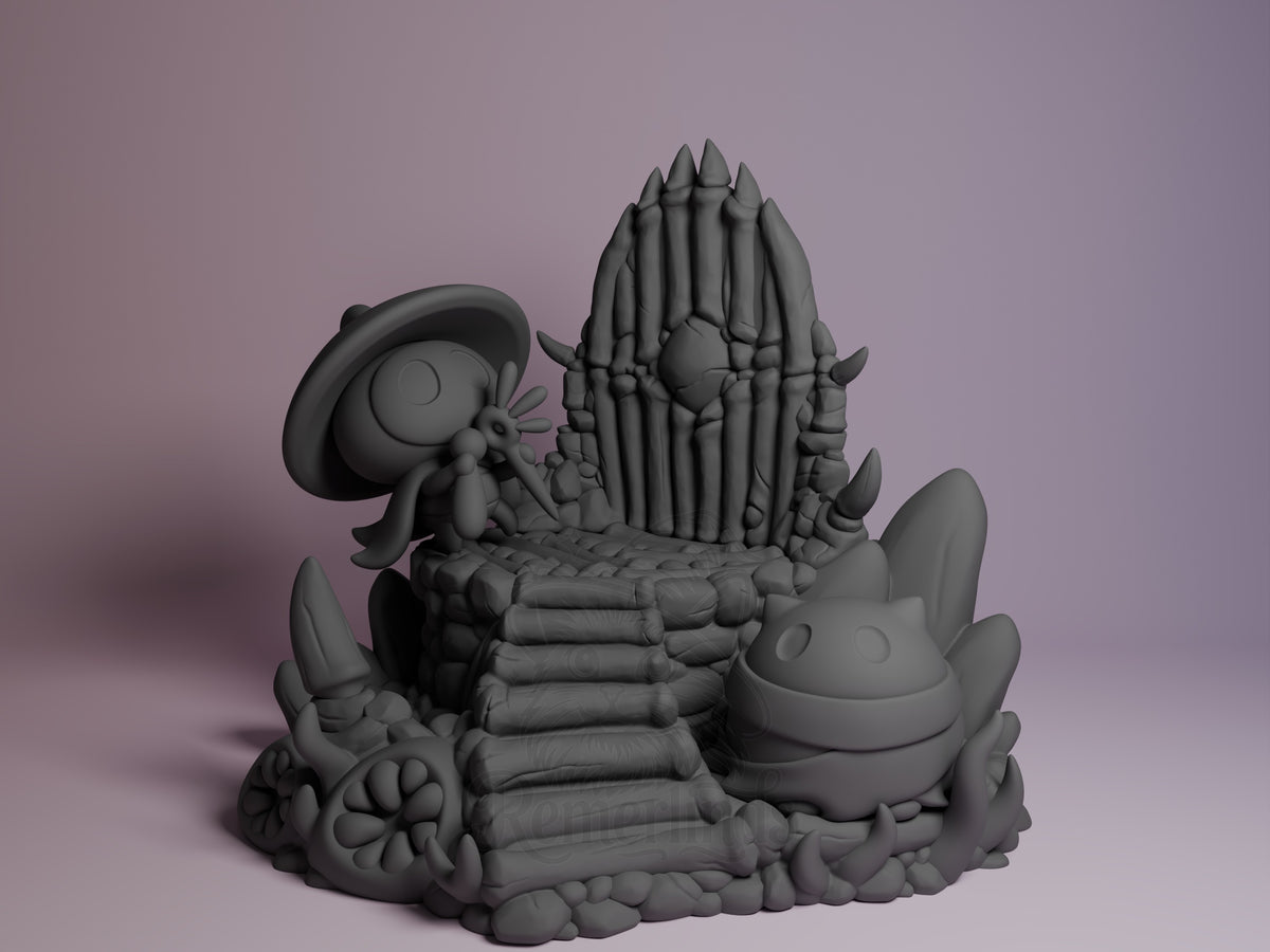 Sherma resin Chibi figure from Hollow Knight shown front-facing on decorative base with surrounding characters, unpainted gray detail.