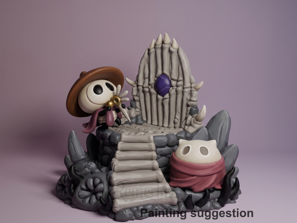 Sherma Hollow Knight 3D printed resin Chibi figure by Nomnom, colored view.