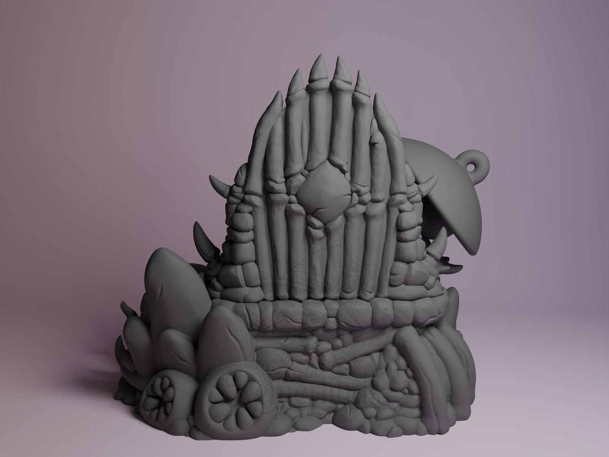 Sherma resin Chibi figure from Hollow Knight shown from left angle, unpainted gray prototype on decorative base with spiky shell details and small loop for hanging.