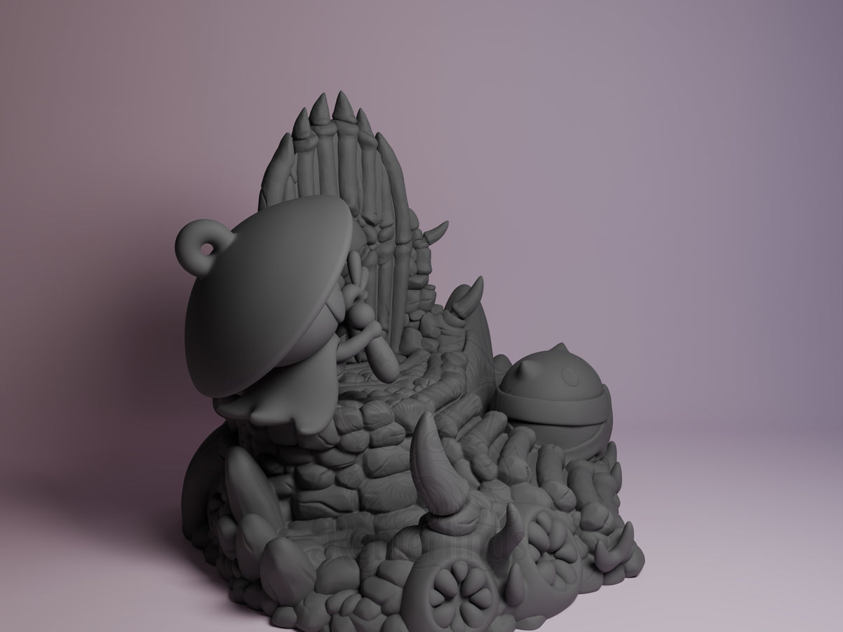 Sherma resin Chibi figure from Hollow Knight shown from right angle, unpainted gray, seated pose with detailed shell and spikes, on textured base.