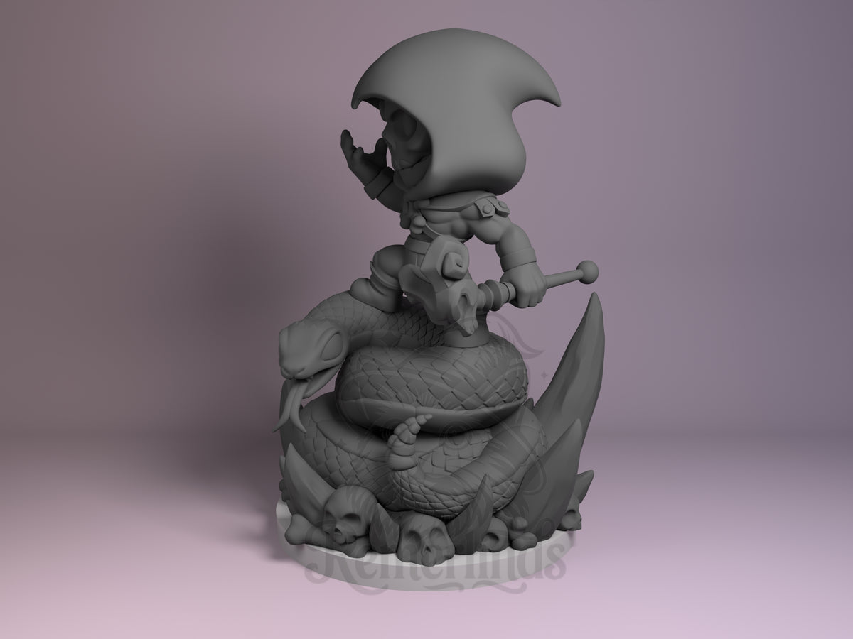 Skeletor resin Chibi figure from He-Man in gray unpainted state, shown at angle displaying skeletal upper body on scaled beast form base with small clawed feet.