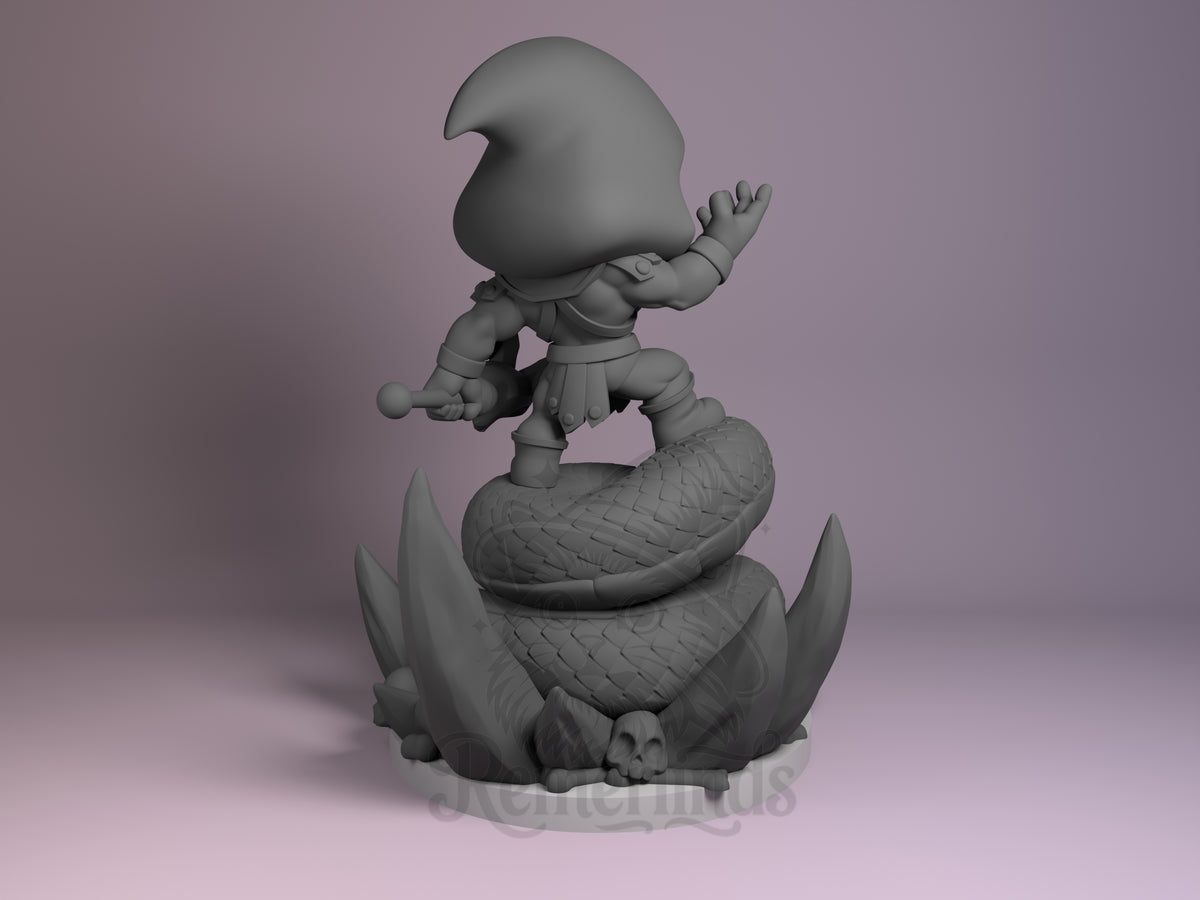 Skeletor resin Chibi figure shown from back, standing on spiky base with one arm raised, unpainted gray prototype.