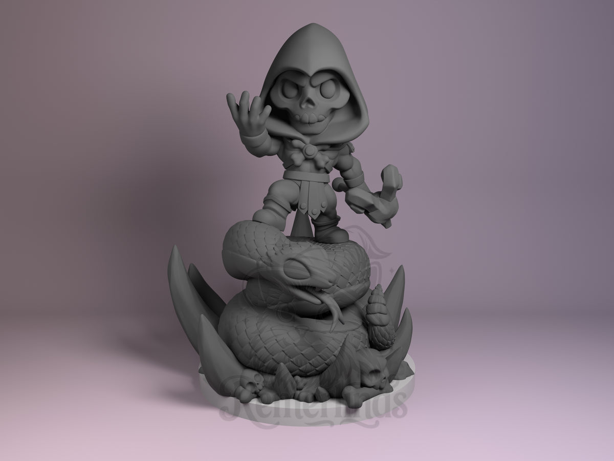 Skeletor resin Chibi figure from He-Man, unpainted gray, front view standing on dragon beast base with hands raised in cheerful pose.