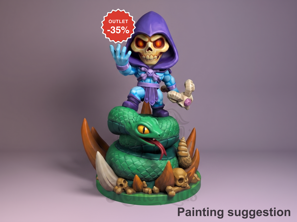 Skeletor resin Chibi figure standing on green serpent base, waving with glowing eyes, purple hood and blue armor, painted with suggested colors.