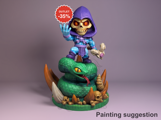 Skeletor resin Chibi figure standing on green serpent base, waving with glowing eyes, purple hood and blue armor, painted with suggested colors.
