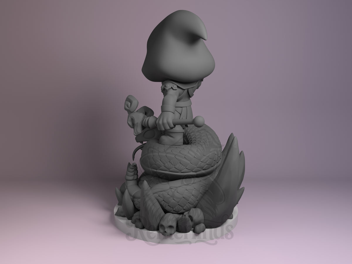 Skeletor resin Chibi figure shown from left side, seated on detailed base with staff, unpainted gray finish, large rounded head and simplified proportions.