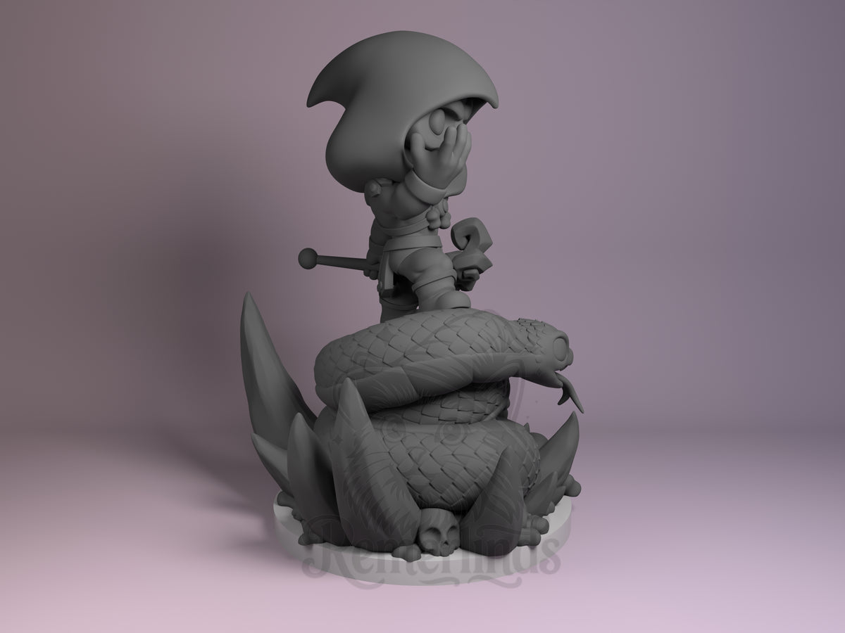 Skeletor resin Chibi figure shown from right side, seated on dragon base, unpainted gray, holding staff with raised hand.