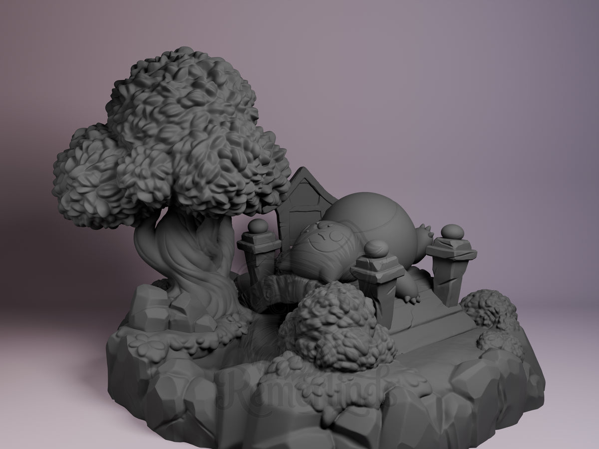 Snorlax Pocket Specters 3D printed resin Chibi figure by Nomnom, unpainted front view. The miniature depicts a chibi Snorlax lying on its back peacefully on a raised platform, surrounded by stone pillars. It is set in a natural environment with a large, intricately detailed tree and rocky terrain accented with bushes and foliage. The overall composition presents a calm and serene scene capturing the character's iconic resting pose in a charming, stylized manner.