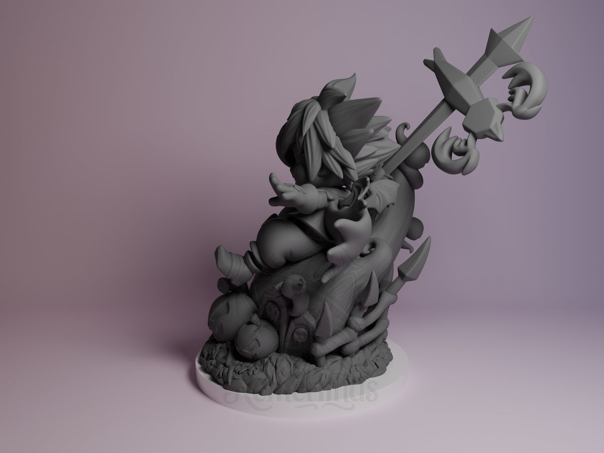 Keybearer Sky resin Chibi figure from Heart Realms Saga, unpainted gray, angled side view showing winged character wielding ornate staff on textured base.