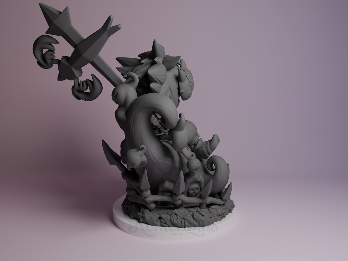 Keybearer Sky resin Chibi figure from Heart Realms Saga, shown from back angle wielding staff with wings spread, unpainted gray resin on textured base.