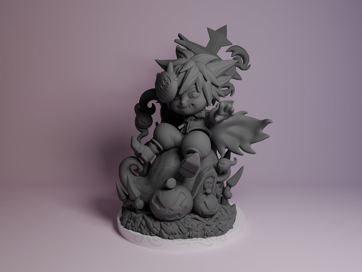 Keybearer Sky resin Chibi figure from Heart Realms Saga, unpainted gray, front view showing winged character on ornate base with curled flourishes.