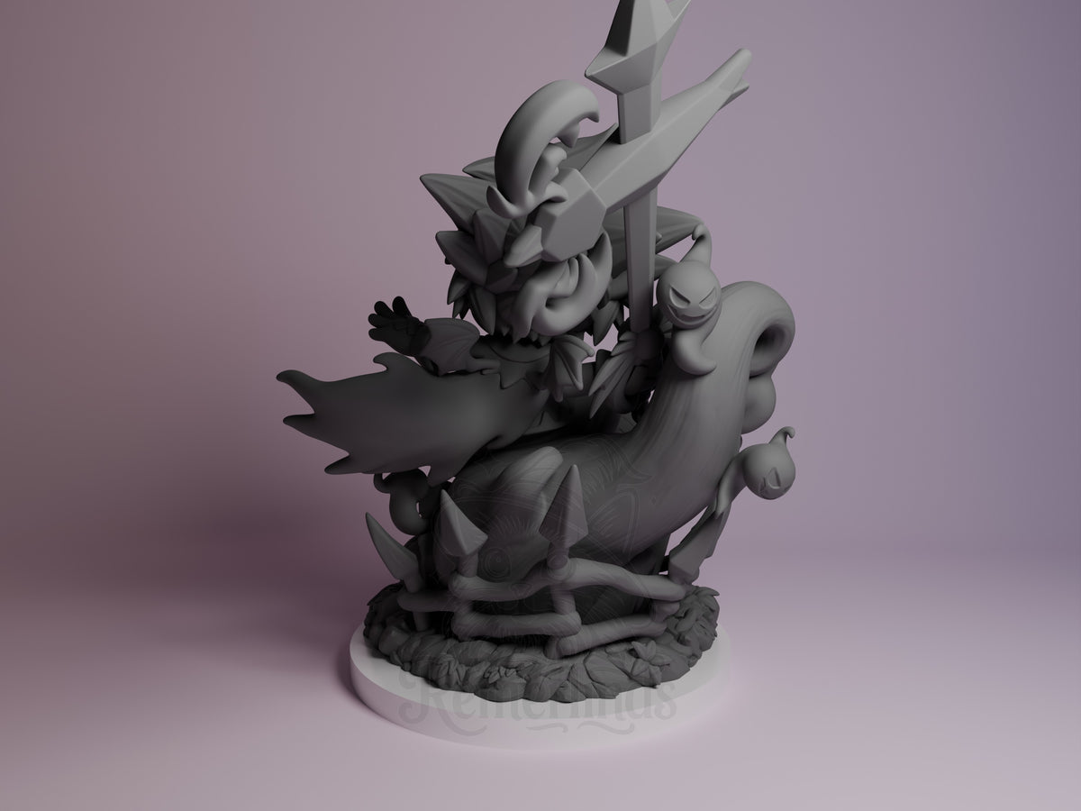 Keybearer Sky resin Chibi figure from Heart Realms Saga, unpainted gray prototype shown from left angle, holding key staff, standing on textured base.