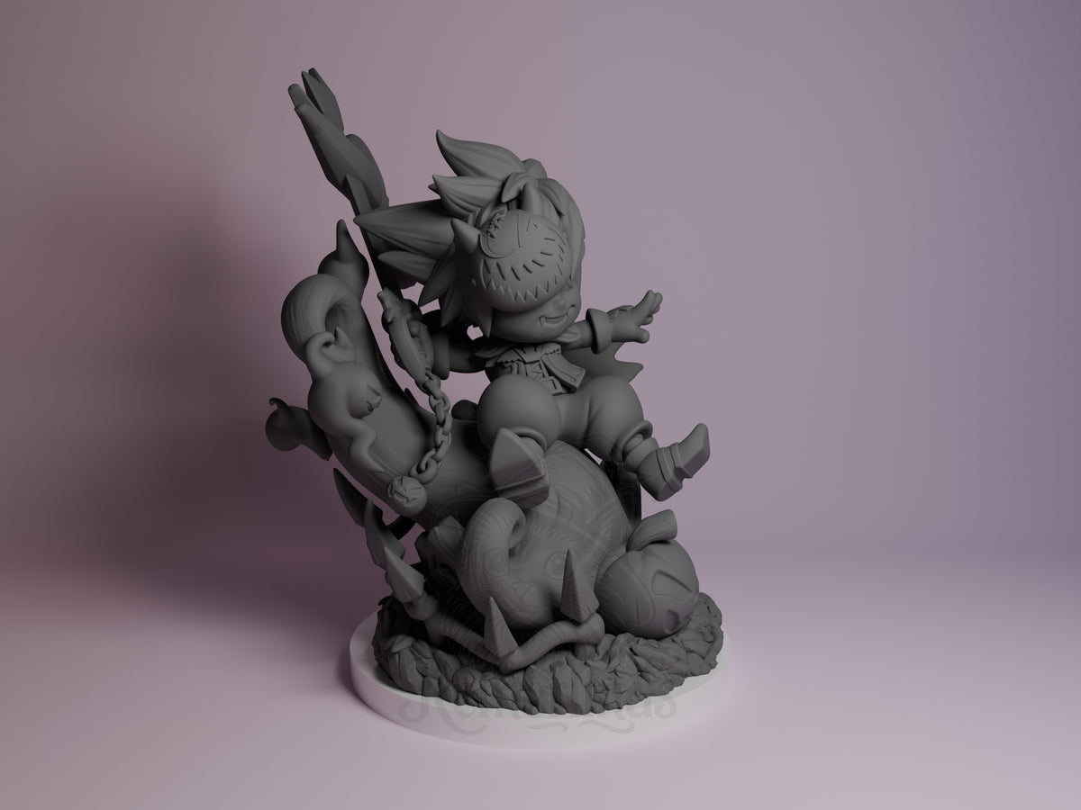 Keybearer Sky resin Chibi figure from Heart Realms Saga, unpainted gray, shown from right angle with character wielding staff and riding creature, textured base.