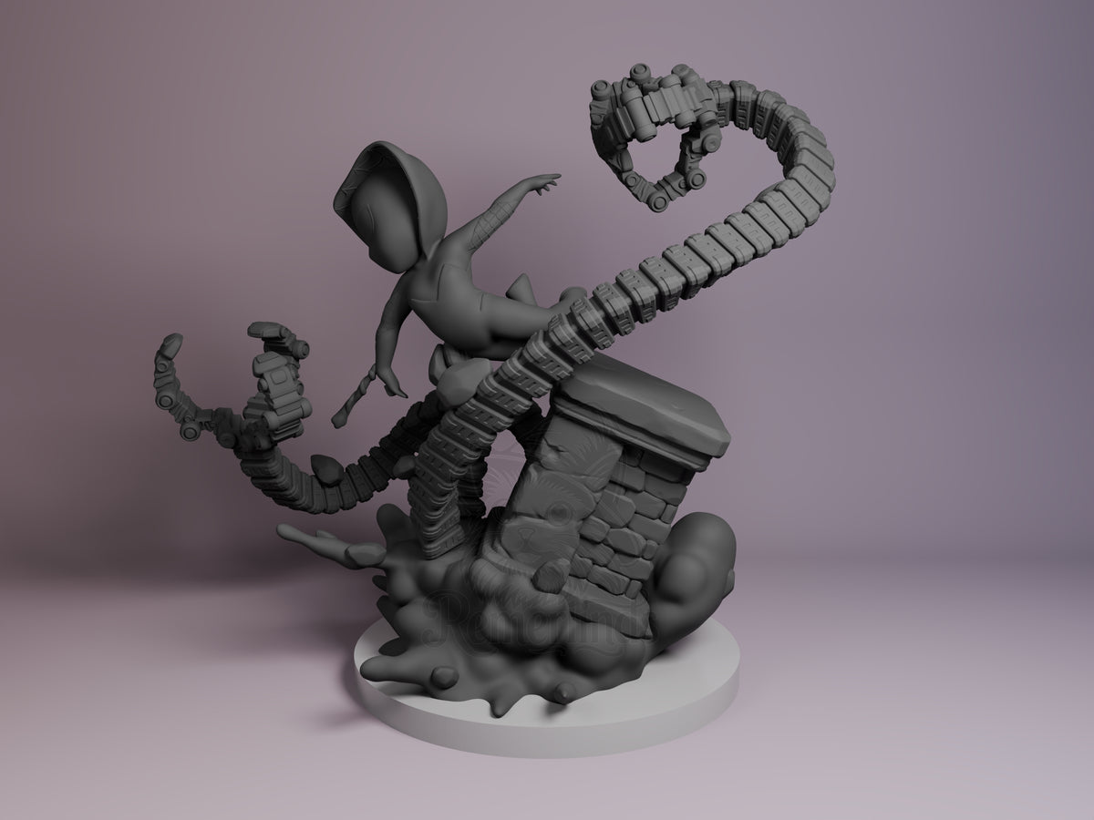 Masked Heroine Spiderman 3D printed resin Chibi figure by Nomnom, angled view showing dimensional details.