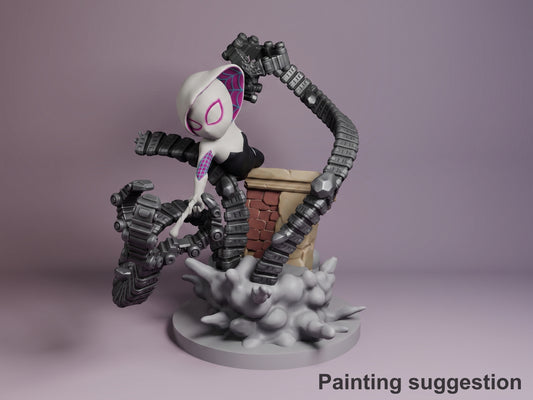 Painted Masked Heroine from Webbed Guardian resin Chibi figure crouches on a sculpted base with web arms.