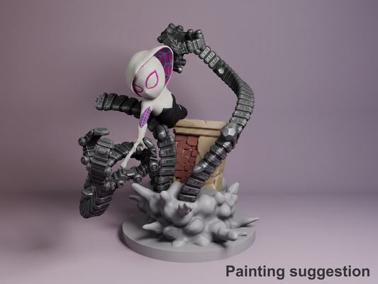 Masked Heroine Spiderman 3D printed resin Chibi figure by Nomnom, colored view.