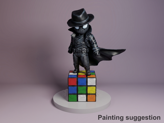 Masked Vigilante Spiderman 3D printed resin Chibi figure by Nomnom, colored view.