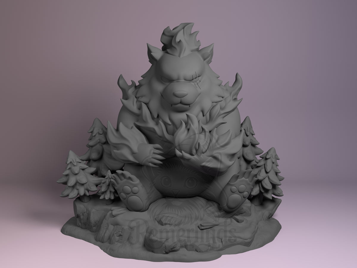 Heavy Undead Solo Ascension 3D printed resin figure by Nomnom, unpainted front view. The figure depicts a chibi-style heavy undead bear character sitting with legs spread forward, clutching a ball of fire with both hands. It features distinctive flame-like fur details, a scar over one eye, and padded feet, seated amid small pine trees on a rocky base. The overall composition highlights a powerful yet cute fantasy creature in a calm, mystical pose.