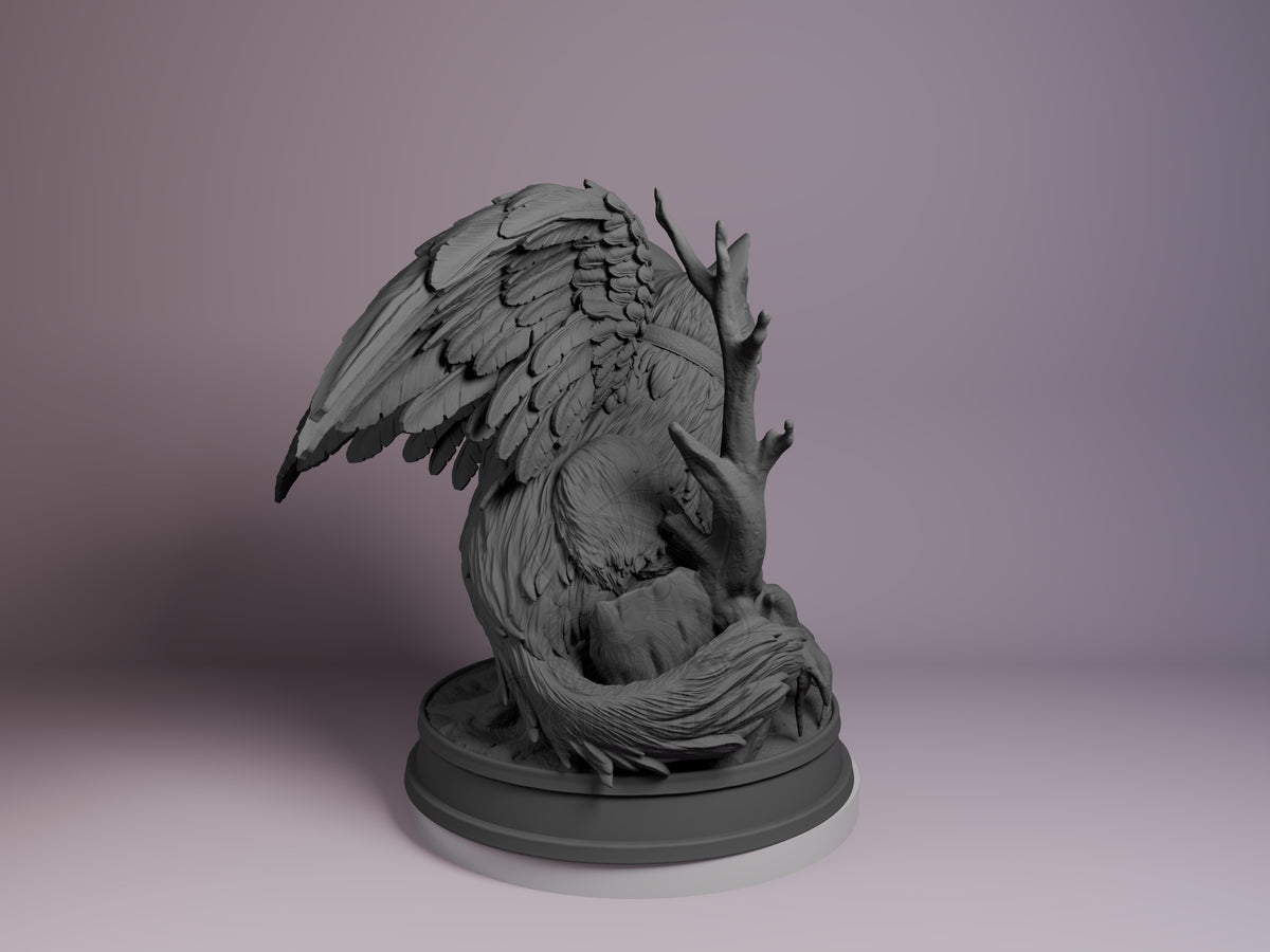 Tara the cat resin Chibi figure from Baldur's Gate, shown from back angle with detailed wing feathers and flowing tail on circular base.