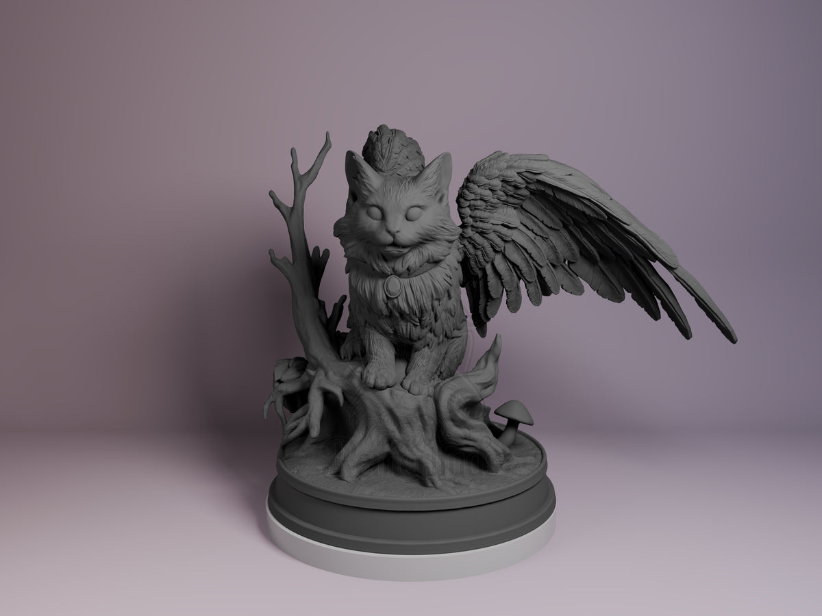 Tara the winged cat resin Chibi figure from Baldur's Gate, unpainted grey, perched on gnarled tree base with mushrooms, front three-quarter view.