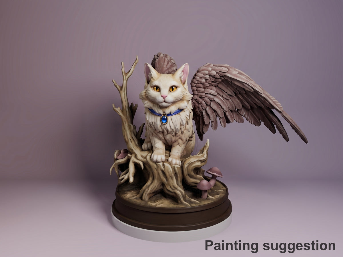 Painted white winged cat Chibi figure with golden eyes and blue collar perched on gnarled tree stump base, fantasy character Tara from Baldur's Gate resin figure by Bulkamancer.