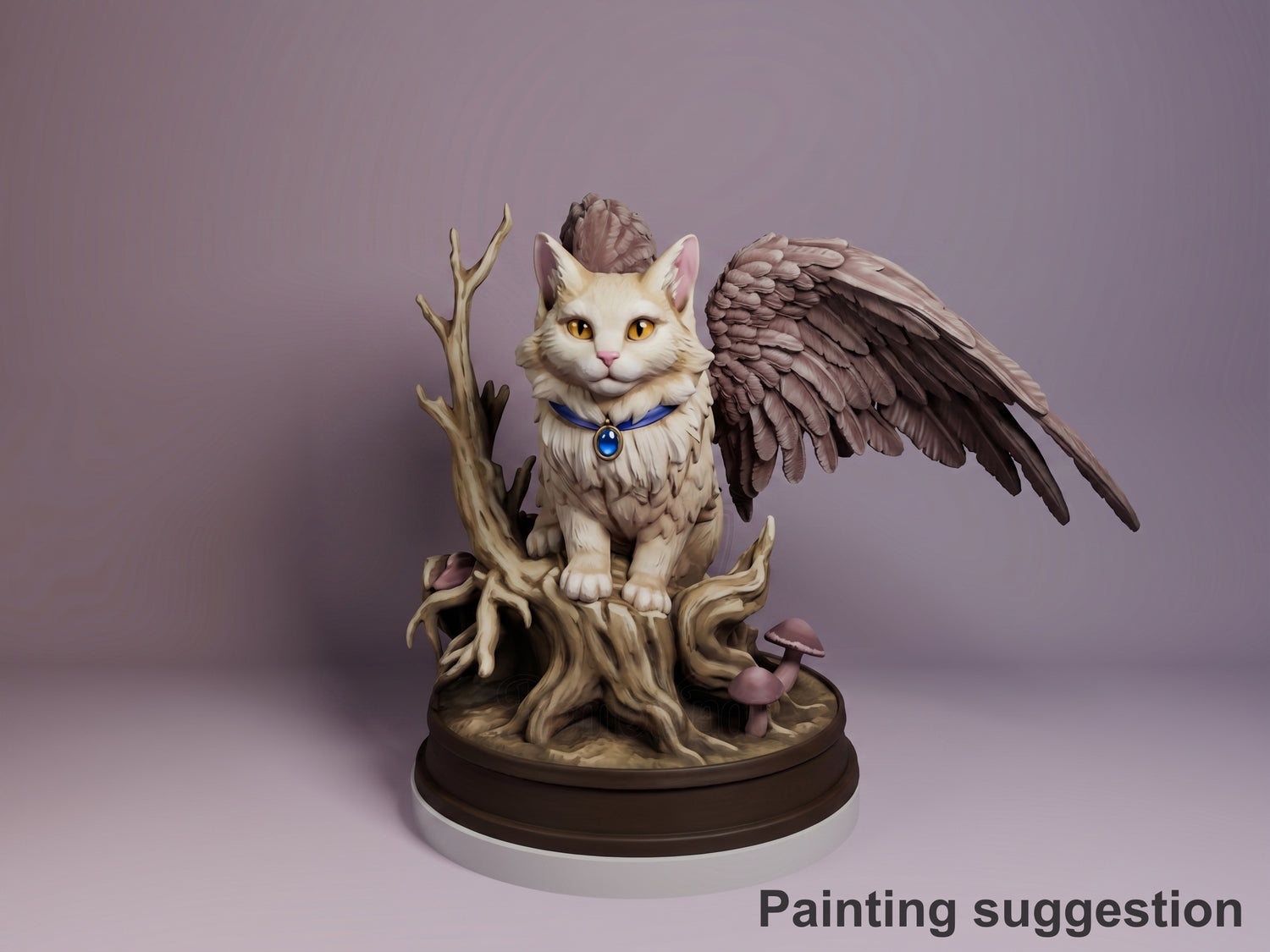 Painted white winged cat Chibi figure with golden eyes and blue collar perched on gnarled tree stump base, fantasy character Tara from Baldur's Gate resin figure by Bulkamancer.