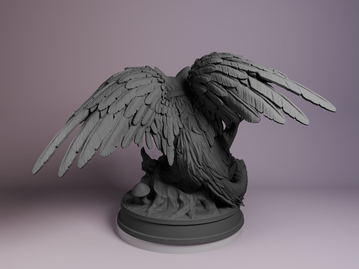 Tara resin Chibi figure from Baldur's Gate, unpainted gray, shown from left angle with wings spread, seated on round base.