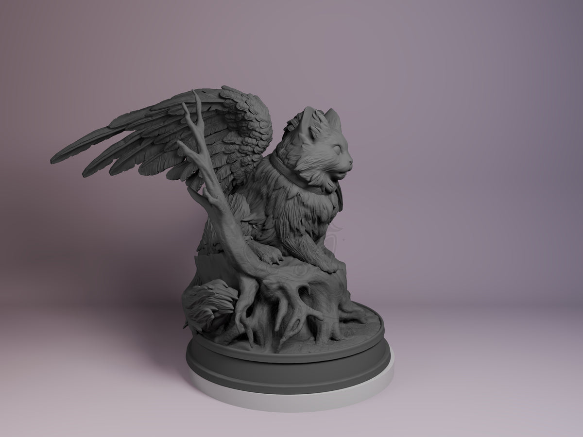 Winged cat resin Chibi figure on circular base, shown from right side profile against purple backdrop, unpainted gray finish.