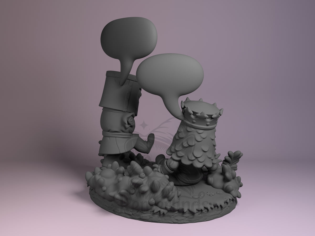 Black Knight resin Chibi figure from Monty Python viewed from back, unpainted gray with armored warrior and dragon on textured base.