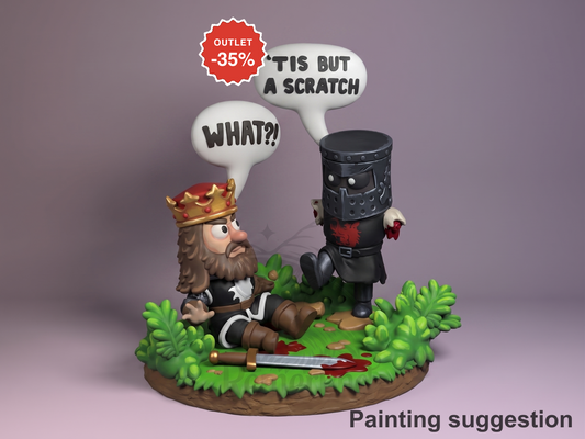 Black Knight resin Chibi figure from Monty Python, painted in vibrant colors, confronting a crowned king character on a green base with sword and props.