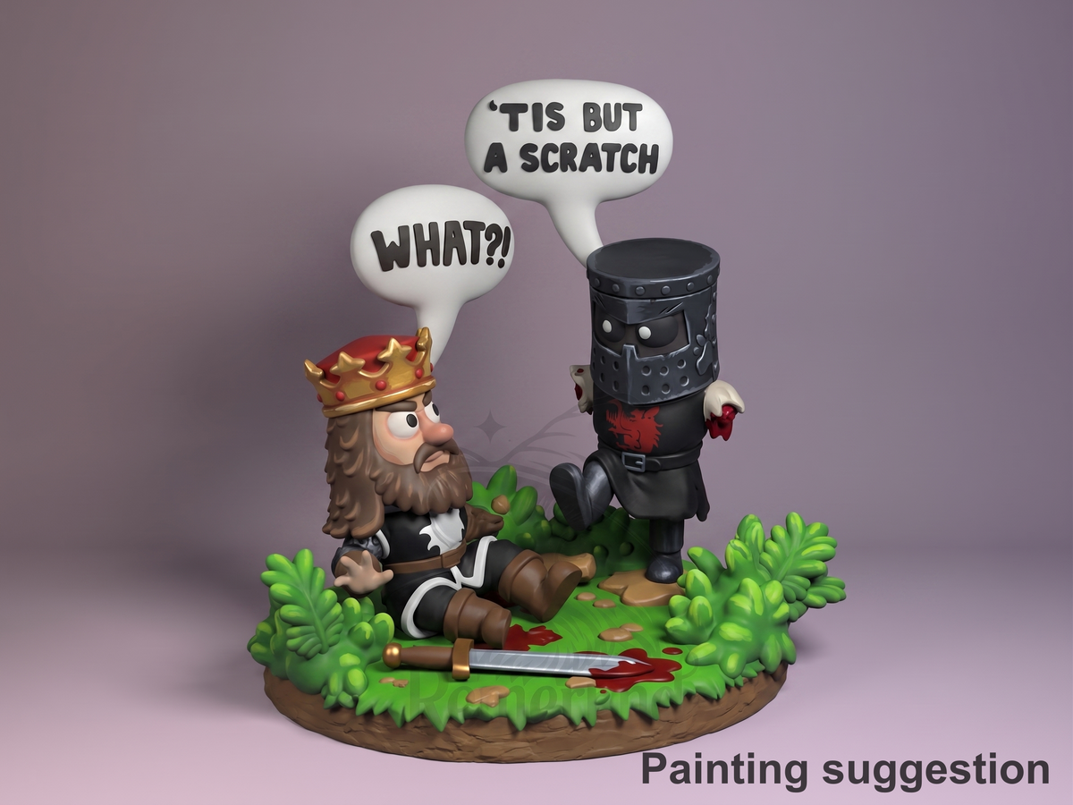 The Black Knight Sacred Grail Quest 3D printed resin Chibi figure by Nomnom, colored view.