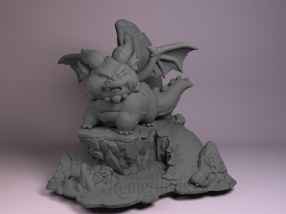 Unpainted front Themberchaud resin Chibi figure from Dungeons & Dragons stands on a rocky base.
