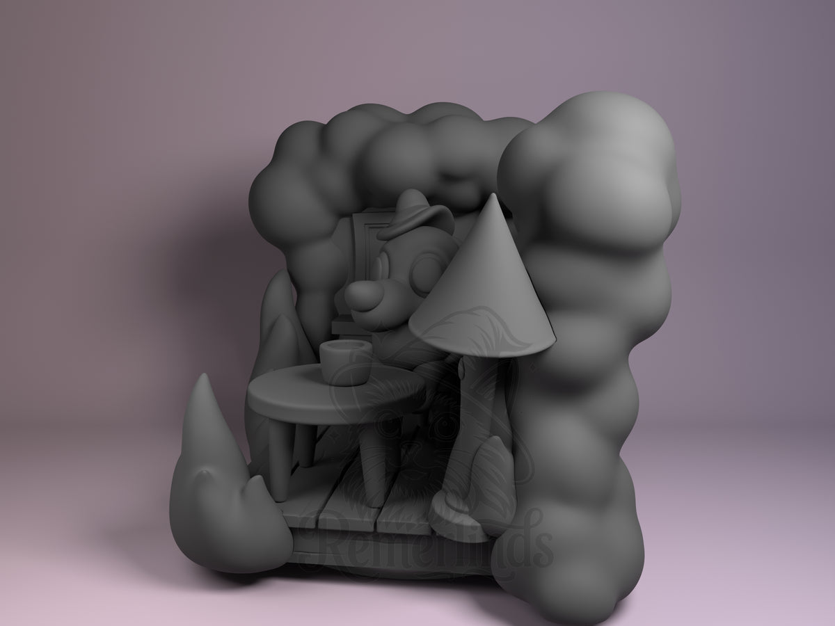 This Is Fine Meme 3D printed resin Chibi figure by Nomnom, angled view showing dimensional details.