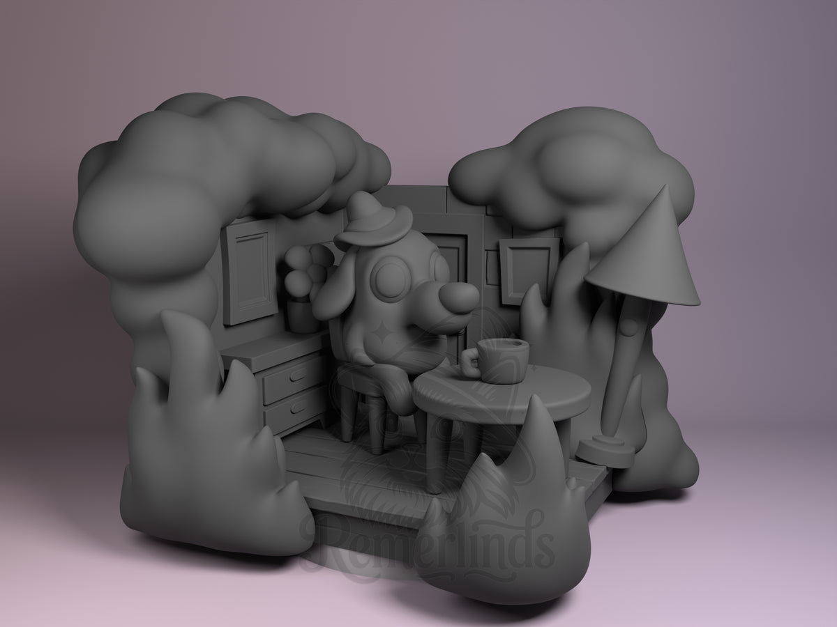 This Is Fine Meme 3D printed resin Chibi figure by Nomnom, unpainted front view. The figure depicts a chibi dog-like character sitting calmly on a chair at a round table, holding or near to a cup. The scene is set indoors with a decorated wall featuring framed pictures and a vase of flowers on a cabinet. Flames and smoke envelop the setting, reinforcing the 'This is fine' meme context of calm acceptance amid chaos.