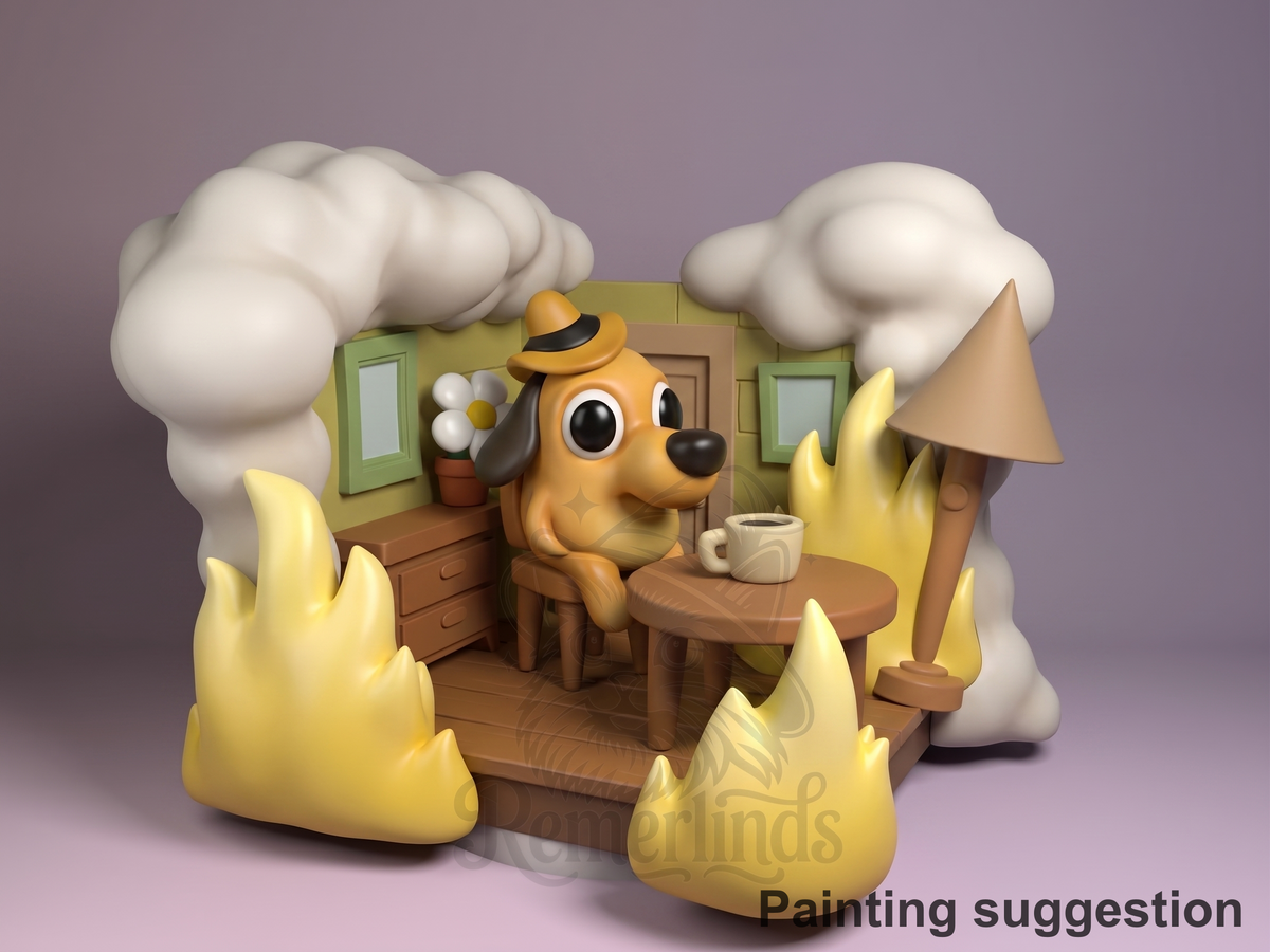 This Is Fine Meme 3D printed resin Chibi figure by Nomnom, colored view.