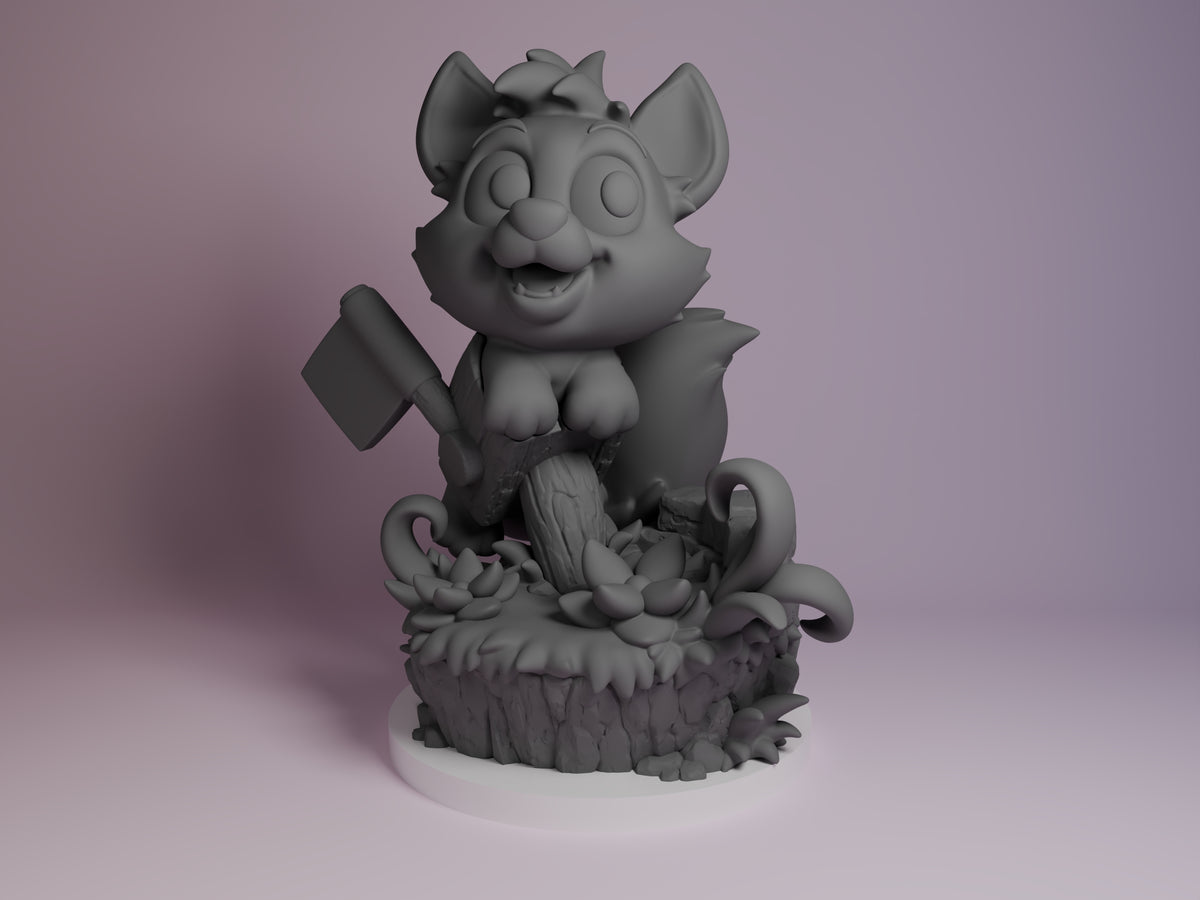 Rusty Fox Pup Forest Friends Tale 3D printed resin figure by Nomnom, unpainted front view. This 3D printed resin miniature figure depicts a chibi-style rusty fox pup sitting upright with its front paws resting on a tree stump. The fox holds a large cleaver or axe, blending cute and slightly mischievous themes. The base is richly detailed with forest floor elements like flowers, leaves, and grass, enhancing the woodland setting in the Forest Friends Tale series.