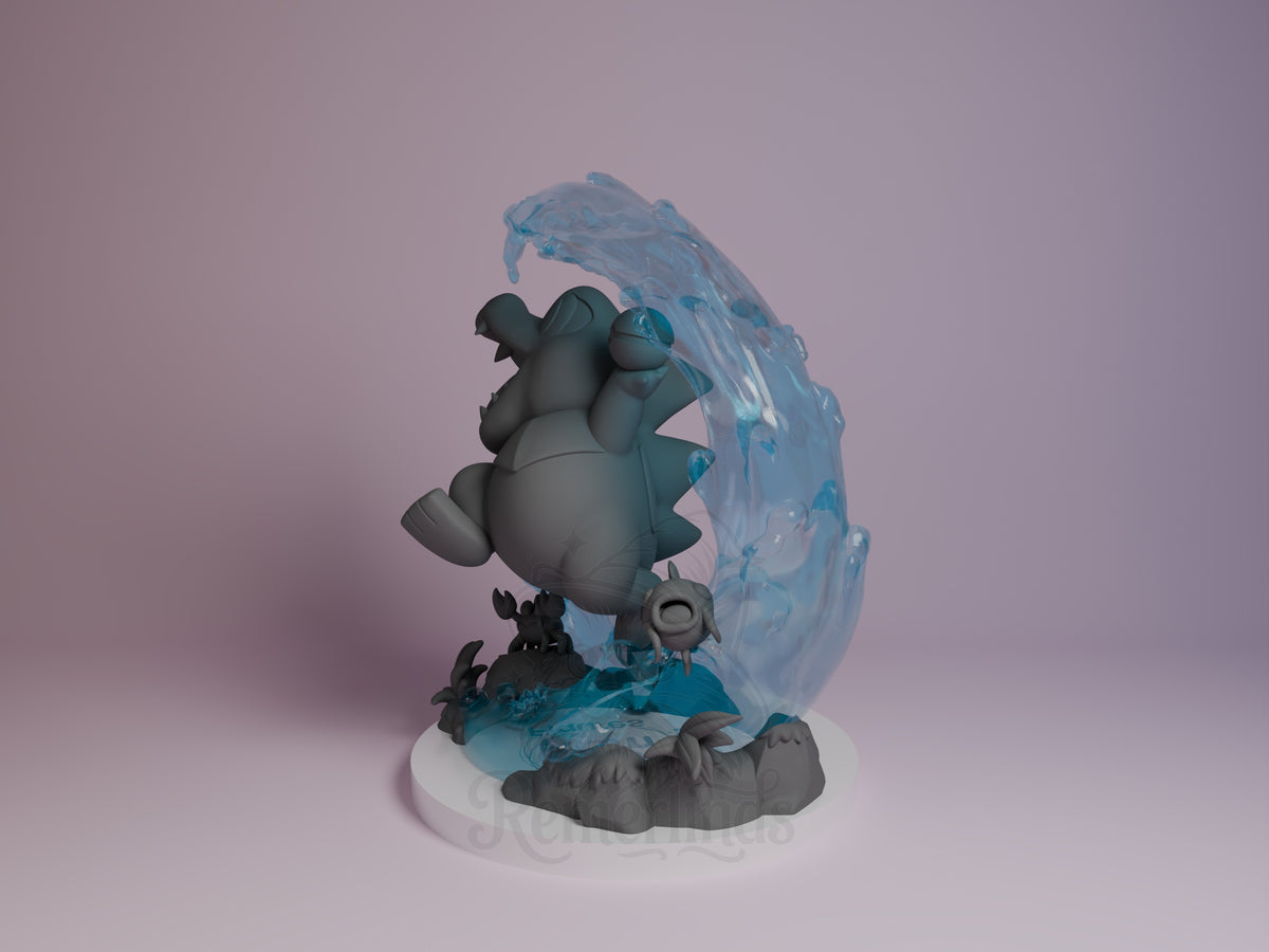 Angled Totodile from Pokémon resin Chibi figure, unpainted, posed on a sculpted water base.