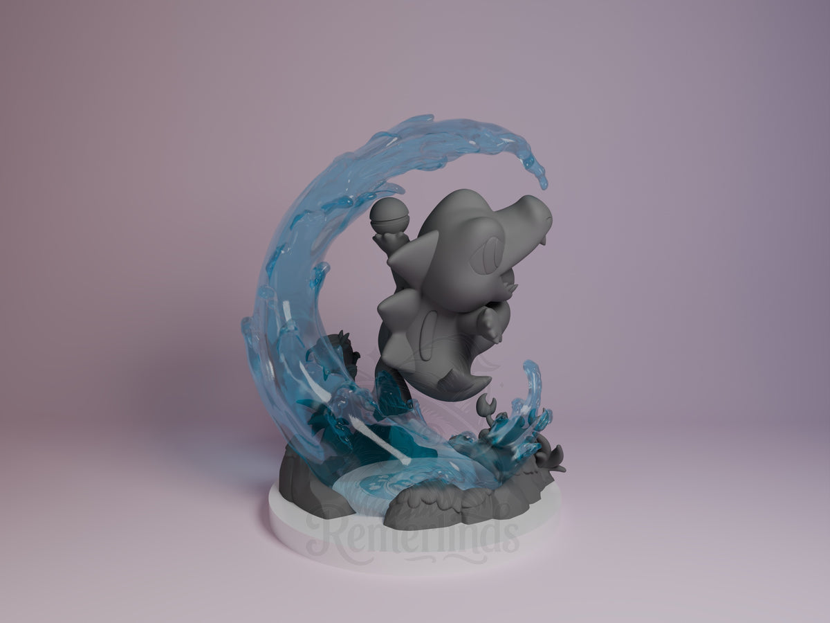 Totodile from Pokémon, an unpainted resin Chibi figure shown from behind on a sculpted water base.