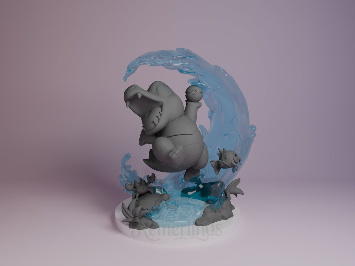 Front three-quarter Totodile from Pokémon resin Chibi figure, unpainted with a sculpted water base.