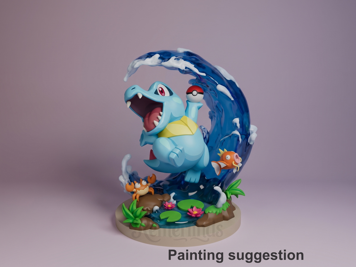 Painted Totodile from Pokémon is a resin Chibi figure in three-quarter leap over a pond base.