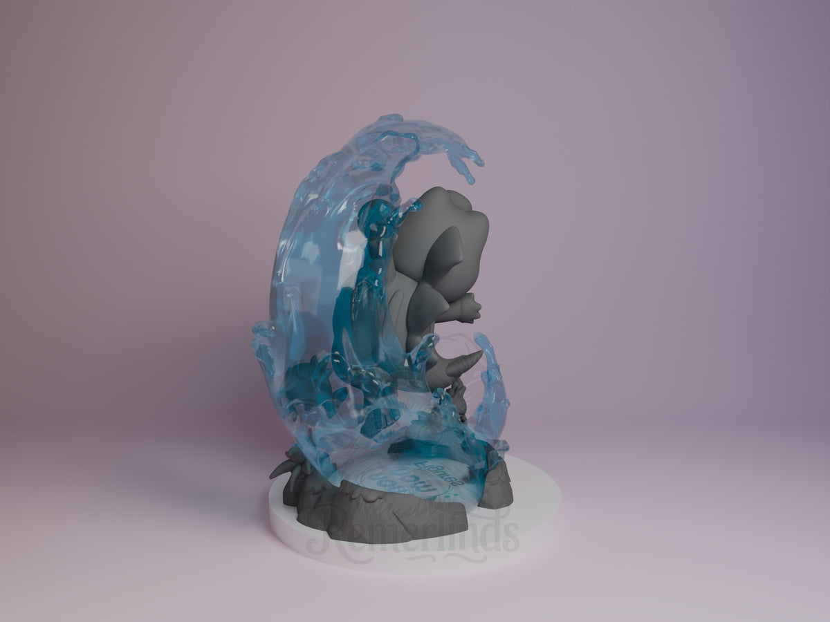 Totodile from Pokémon is an unpainted resin Chibi figure behind a wave on a sculpted base.