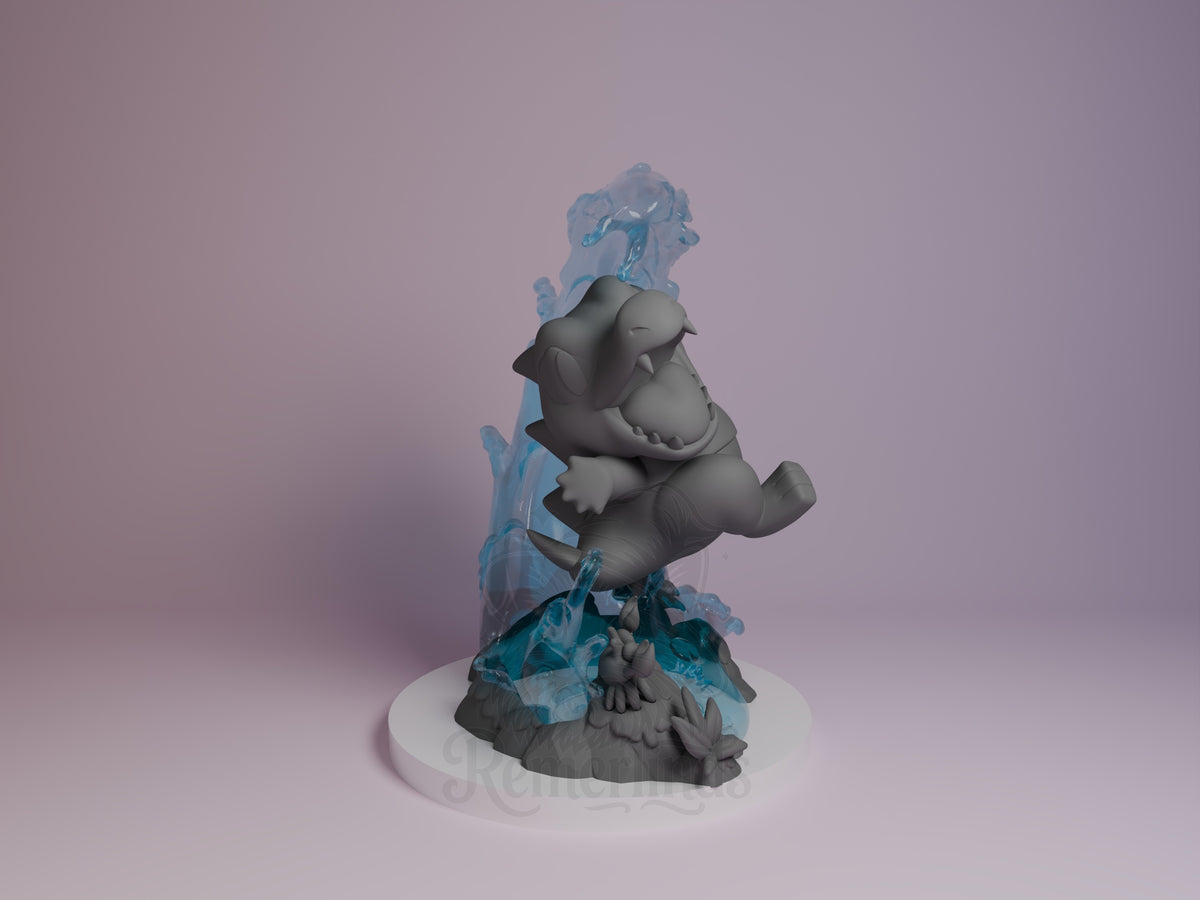 Totodile from Pokémon is an unpainted resin Chibi figure, seated on a sculpted water base.