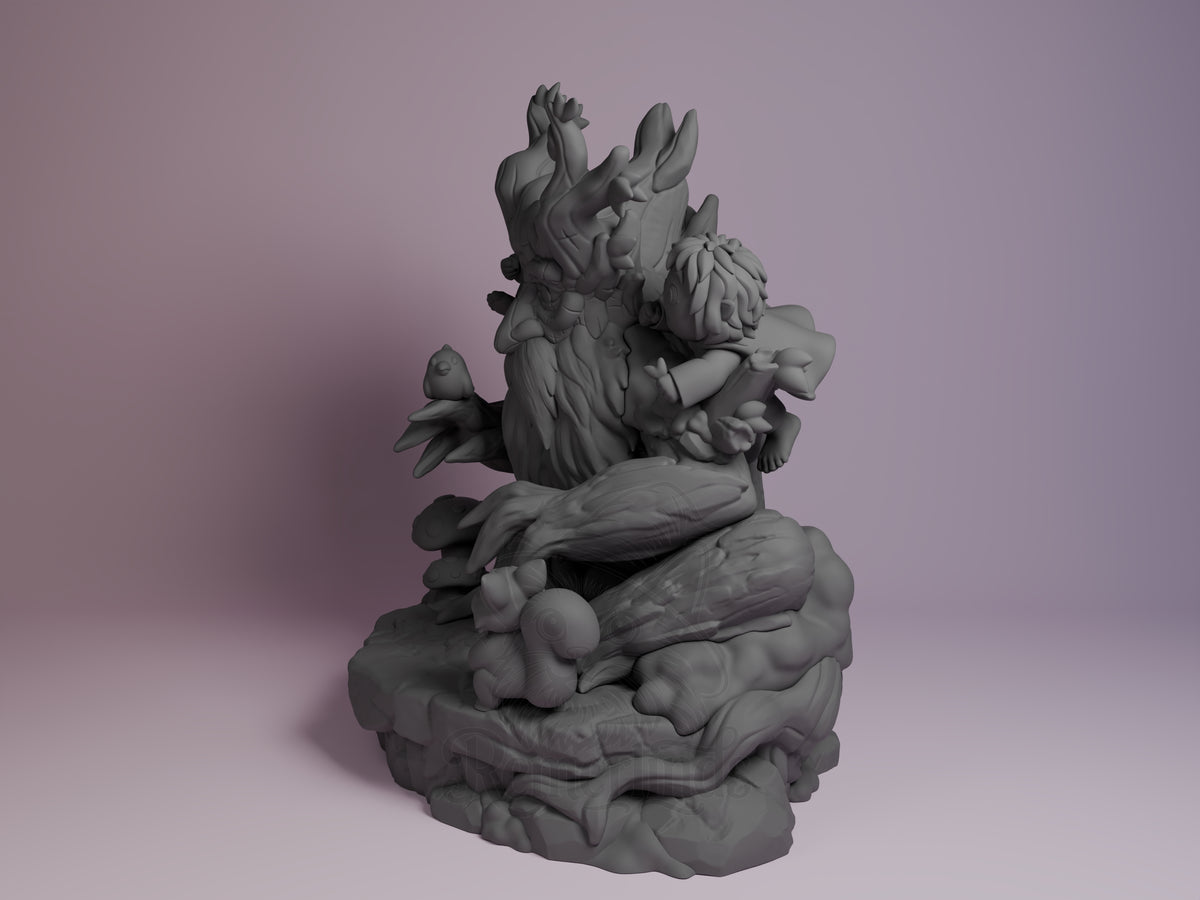 Angled unpainted resin Chibi figure of Tree Beard from Lord of the Rings with a child on a sculpted base.