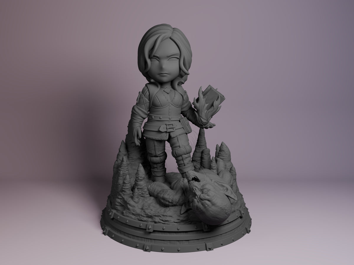 Triss Merigold Monster Hunter Geraldo 3D printed resin figure by Nomnom, unpainted front view. This 3D printed resin miniature figure depicts Triss Merigold in a confident standing pose, one foot placed on a defeated monster's head. She holds a flaming book in one hand, emphasizing her magical abilities. The detailed base includes jagged rock formations, adding to the fantasy setting, while the chibi styling gives the figure a cute and exaggerated appearance.